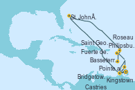 Visitando Fuerte de France (Martinica), Pointe a Pitre (Guadalupe), Castries (Santa Lucía/Caribe), Bridgetown (Barbados), Kingstown (Granadinas), Saint George (Grenada), Fuerte de France (Martinica), Pointe a Pitre (Guadalupe), St. John´s (Antigua y Barbuda), Philipsburg (St. Maarten), Roseau (Dominica), Basseterre (Antillas), Fuerte de France (Martinica)