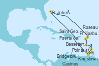 Visitando Fuerte de France (Martinica), Pointe a Pitre (Guadalupe), Castries (Santa Lucía/Caribe), Bridgetown (Barbados), Kingstown (Granadinas), Saint George (Grenada), Fuerte de France (Martinica), Pointe a Pitre (Guadalupe), St. John´s (Antigua y Barbuda), Philipsburg (St. Maarten), Basseterre (Antillas), Roseau (Dominica), Fuerte de France (Martinica)