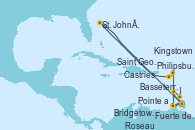 Visitando Fuerte de France (Martinica), Pointe a Pitre (Guadalupe), Roseau (Dominica), Philipsburg (St. Maarten), Basseterre (Antillas), St. John´s (Antigua y Barbuda), Fuerte de France (Martinica), Pointe a Pitre (Guadalupe), Castries (Santa Lucía/Caribe), Bridgetown (Barbados), Kingstown (Granadinas), Saint George (Grenada), Fuerte de France (Martinica)