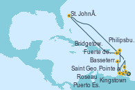 Visitando Fuerte de France (Martinica), Pointe a Pitre (Guadalupe), Kingstown (Granadinas), Bridgetown (Barbados), Puerto España (Trinidad y Tobago), Saint George (Grenada), Fuerte de France (Martinica), Pointe a Pitre (Guadalupe), Roseau (Dominica), Philipsburg (St. Maarten), Basseterre (Antillas), St. John´s (Antigua y Barbuda), Fuerte de France (Martinica)