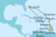 Visitando Fuerte de France (Martinica), Pointe a Pitre (Guadalupe), St. John´s (Antigua y Barbuda), Philipsburg (St. Maarten), Basseterre (Antillas), Roseau (Dominica), Fuerte de France (Martinica), Pointe a Pitre (Guadalupe), Castries (Santa Lucía/Caribe), Bridgetown (Barbados), Kingstown (Granadinas), Saint George (Grenada), Fuerte de France (Martinica)