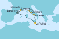 Visitando Barcelona, La Valletta (Malta), Nápoles (Italia), Civitavecchia (Roma), Livorno, Pisa y Florencia (Italia), Marsella (Francia), Barcelona