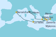 Visitando Civitavecchia (Roma), Katakolon (Olimpia/Grecia), Atenas (Grecia), Esmirna (Turquía), Mykonos (Grecia), La Valletta (Malta), Barcelona