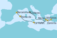 Visitando Civitavecchia (Roma), Mykonos (Grecia), Esmirna (Turquía), Atenas (Grecia), La Valletta (Malta), Palma de Mallorca (España), Barcelona