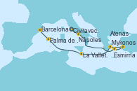 Visitando Civitavecchia (Roma), Nápoles (Italia), Mykonos (Grecia), Esmirna (Turquía), Atenas (Grecia), La Valletta (Malta), Palma de Mallorca (España), Barcelona