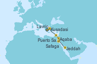 Visitando Lavrio (Grecia), Kusadasi (Efeso/Turquía), Puerto Said (Egipto), Safaga (Egipto), Aqaba (Jordania), Jeddah (Arabia Saudí)