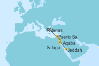 Visitando Atenas (Grecia), Puerto Said (Egipto), Safaga (Egipto), Aqaba (Jordania), Jeddah (Arabia Saudí)