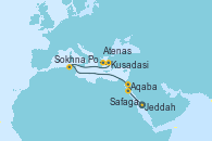 Visitando Jeddah (Arabia Saudí), Aqaba (Jordania), Safaga (Egipto), Sokhna Port (Egipto), Kusadasi (Efeso/Turquía), Atenas (Grecia)