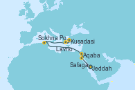 Visitando Jeddah (Arabia Saudí), Aqaba (Jordania), Safaga (Egipto), Sokhna Port (Egipto), Kusadasi (Efeso/Turquía), Lavrio (Grecia)