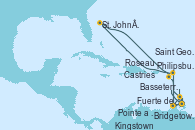 Visitando Bridgetown (Barbados), Kingstown (Granadinas), Saint George (Grenada), Fuerte de France (Martinica), Pointe a Pitre (Guadalupe), Philipsburg (St. Maarten), St. John´s (Antigua y Barbuda), Basseterre (Antillas), Roseau (Dominica), Fuerte de France (Martinica), Pointe a Pitre (Guadalupe), Castries (Santa Lucía/Caribe), Bridgetown (Barbados)