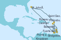 Visitando Bridgetown (Barbados), Kingstown (Granadinas), Saint George (Grenada), Fuerte de France (Martinica), Pointe a Pitre (Guadalupe), St. John´s (Antigua y Barbuda), Philipsburg (St. Maarten), Roseau (Dominica), Basseterre (Antillas), Fuerte de France (Martinica), Pointe a Pitre (Guadalupe), Castries (Santa Lucía/Caribe), Bridgetown (Barbados)