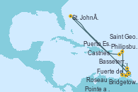 Visitando Bridgetown (Barbados), Puerto España (Trinidad y Tobago), Saint George (Grenada), Fuerte de France (Martinica), Pointe a Pitre (Guadalupe), Roseau (Dominica), Philipsburg (St. Maarten), Basseterre (Antillas), St. John´s (Antigua y Barbuda), Fuerte de France (Martinica), Pointe a Pitre (Guadalupe), Castries (Santa Lucía/Caribe), Bridgetown (Barbados)
