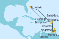 Visitando Bridgetown (Barbados), Kingstown (Granadinas), Saint George (Grenada), Fuerte de France (Martinica), Pointe a Pitre (Guadalupe), Philipsburg (St. Maarten), St. John´s (Antigua y Barbuda), Basseterre (Antillas), Roseau (Dominica), Fuerte de France (Martinica), Pointe a Pitre (Guadalupe), Kingstown (Granadinas), Bridgetown (Barbados)