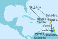 Visitando Bridgetown (Barbados), Kingstown (Granadinas), Saint George (Grenada), Fuerte de France (Martinica), Pointe a Pitre (Guadalupe), St. John´s (Antigua y Barbuda), Philipsburg (St. Maarten), Basseterre (Antillas), Roseau (Dominica), Fuerte de France (Martinica), Pointe a Pitre (Guadalupe), Castries (Santa Lucía/Caribe), Bridgetown (Barbados)