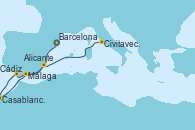 Visitando Barcelona, Cádiz (España), Casablanca (Marruecos), Málaga, Alicante (España), Civitavecchia (Roma)