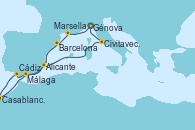Visitando Génova (Italia), Marsella (Francia), Barcelona, Cádiz (España), Casablanca (Marruecos), Málaga, Alicante (España), Civitavecchia (Roma), Génova (Italia)