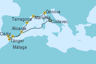 Visitando Civitavecchia (Roma), Génova (Italia), Marsella (Francia), Tarragona (España), Cádiz (España), Tánger (Marruecos), Málaga, Alicante (España), Civitavecchia (Roma)