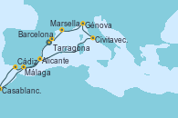 Visitando Tarragona (España), Cádiz (España), Casablanca (Marruecos), Málaga, Alicante (España), Civitavecchia (Roma), Génova (Italia), Marsella (Francia), Barcelona Visitando Tarragona (España), Cádiz (España), Casablanca (Marruecos), Málaga, Alicante (España), Civitavecchia (Roma), Génova (Italia), Marsella (Francia), Barcelona