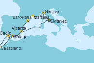 Visitando Civitavecchia (Roma), Génova (Italia), Marsella (Francia), Barcelona, Cádiz (España), Casablanca (Marruecos), Málaga, Alicante (España), Civitavecchia (Roma)