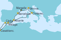 Visitando Marsella (Francia), Barcelona, Cádiz (España), Casablanca (Marruecos), Málaga, Alicante (España), Civitavecchia (Roma), Génova (Italia), Marsella (Francia)
