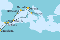Visitando Barcelona, Cádiz (España), Casablanca (Marruecos), Málaga, Alicante (España), Civitavecchia (Roma), Génova (Italia), Marsella (Francia), Barcelona