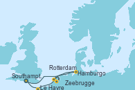 Visitando Southampton (Inglaterra), Le Havre (Francia), Zeebrugge (Bruselas), Rotterdam (Holanda), Hamburgo (Alemania), Southampton (Inglaterra)
