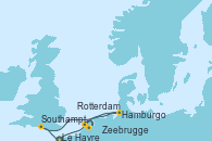 Visitando Le Havre (Francia), Zeebrugge (Bruselas), Rotterdam (Holanda), Hamburgo (Alemania), Southampton (Inglaterra), Le Havre (Francia)