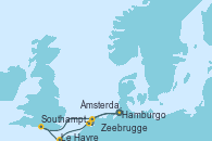 Visitando Hamburgo (Alemania), Southampton (Inglaterra), Le Havre (Francia), Zeebrugge (Bruselas), Ámsterdam (Holanda), Hamburgo (Alemania)