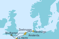 Visitando Southampton (Inglaterra), Le Havre (Francia), Zeebrugge (Bruselas), Ámsterdam (Holanda), Hamburgo (Alemania), Southampton (Inglaterra)