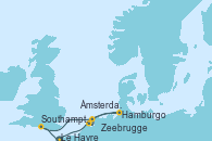 Visitando Le Havre (Francia), Zeebrugge (Bruselas), Ámsterdam (Holanda), Hamburgo (Alemania), Southampton (Inglaterra), Le Havre (Francia)