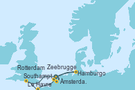 Visitando Ámsterdam (Holanda), Hamburgo (Alemania), Southampton (Inglaterra), Le Havre (Francia), Zeebrugge (Bruselas), Rotterdam (Holanda)