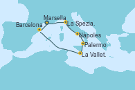 Visitando Marsella (Francia), La Spezia, Florencia y Pisa (Italia), Nápoles (Italia), Palermo (Italia), La Valletta (Malta), Barcelona, Marsella (Francia)