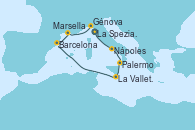 Visitando La Spezia, Florencia y Pisa (Italia), Nápoles (Italia), Palermo (Italia), La Valletta (Malta), Barcelona, Marsella (Francia), Génova (Italia)