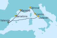 Visitando Valencia, Barcelona, Marsella (Francia), Génova (Italia), Livorno, Pisa y Florencia (Italia), Civitavecchia (Roma), Valencia