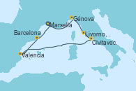 Visitando Marsella (Francia), Génova (Italia), Livorno, Pisa y Florencia (Italia), Civitavecchia (Roma), Valencia, Barcelona, Marsella (Francia)