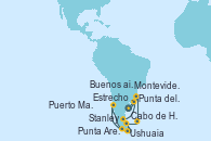 Visitando Buenos aires, Punta del Este (Uruguay), Stanley (Malvinas), Cabo de Hornos (Chile), Ushuaia (Argentina), Estrecho de Magallanes, Punta Arenas (Chile), Puerto Madryn (Argentina), Montevideo (Uruguay), Buenos aires