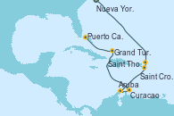 Visitando Nueva York (Estados Unidos), Saint Thomas (Islas Vírgenes), Saint Croix (Islas Vírgenes), Aruba (Antillas), Curacao (Antillas), Grand Turks(Turks & Caicos), Puerto Cañaveral (Florida)