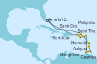 Visitando Puerto Cañaveral (Florida), Saint Thomas (Islas Vírgenes), Antigua (Antillas), Castries (Santa Lucía/Caribe), Grenada (Antillas), Bridgetown (Barbados), Philipsburg (St. Maarten), Saint Croix (Islas Vírgenes), San Juan (Puerto Rico), Puerto Cañaveral (Florida)