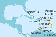 Visitando Puerto Cañaveral (Florida), Amber Cove (República Dominicana), Aruba (Antillas), Curacao (Antillas), Grenada (Antillas), Bridgetown (Barbados), Isla Dominica (Caribe), Philipsburg (St. Maarten), Saint Thomas (Islas Vírgenes), Puerto Cañaveral (Florida)