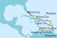 Visitando Puerto Cañaveral (Florida), Grand Turks(Turks & Caicos), Aruba (Antillas), Curacao (Antillas), Castries (Santa Lucía/Caribe), Bridgetown (Barbados), Martinica (Antillas), Philipsburg (St. Maarten), Saint Thomas (Islas Vírgenes), Puerto Cañaveral (Florida)