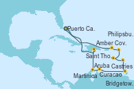 Visitando Puerto Cañaveral (Florida), Amber Cove (República Dominicana), Aruba (Antillas), Curacao (Antillas), Castries (Santa Lucía/Caribe), Bridgetown (Barbados), Martinica (Antillas), Philipsburg (St. Maarten), Saint Thomas (Islas Vírgenes), Puerto Cañaveral (Florida)