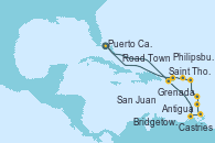 Visitando Puerto Cañaveral (Florida), Saint Thomas (Islas Vírgenes), Antigua (Antillas), Castries (Santa Lucía/Caribe), Grenada (Antillas), Bridgetown (Barbados), Philipsburg (St. Maarten), Road Town (Isla Tórtola/Islas Vírgenes), San Juan (Puerto Rico), Puerto Cañaveral (Florida)