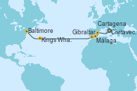 Visitando Civitavecchia (Roma), Cartagena (Murcia), Málaga, Gibraltar (Inglaterra), Kings Wharf (Bermudas), Baltimore (Maryland)