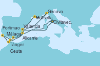 Visitando Civitavecchia (Roma), Valencia, Génova (Italia), Marsella (Francia), Málaga, Tánger (Marruecos), Portimao (Portugal), Ceuta (España), Alicante (España), Civitavecchia (Roma)