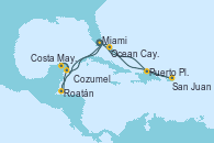 Visitando Miami (Florida/EEUU), Puerto Plata, Republica Dominicana, San Juan (Puerto Rico), Ocean Cay MSC Marine Reserve (Bahamas), Miami (Florida/EEUU), Roatán (Honduras), Costa Maya (México), Cozumel (México), Miami (Florida/EEUU)