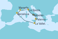 Visitando Nápoles (Italia), Palermo (Italia), La Valletta (Malta), Barcelona, Marsella (Francia), La Spezia, Florencia y Pisa (Italia), Nápoles (Italia)