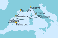 Visitando Civitavecchia (Roma), Valencia, Barcelona, Marsella (Francia), Génova (Italia), Livorno, Pisa y Florencia (Italia), Valencia, Palma de Mallorca (España), Barcelona, Marsella (Francia), Génova (Italia), Livorno, Pisa y Florencia (Italia), Civitavecchia (Roma)