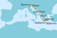 Visitando Atenas (Grecia), Mykonos (Grecia), Katakolon (Olimpia/Grecia), Corfú (Grecia), Kotor (Montenegro), Split (Croacia), Koper (Eslovenia), Ravenna (Italia)