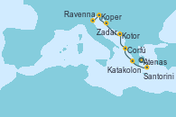 Visitando Atenas (Grecia), Santorini (Grecia), Katakolon (Olimpia/Grecia), Corfú (Grecia), Kotor (Montenegro), Zadar (Croacia), Koper (Eslovenia), Ravenna (Italia)