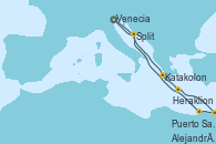 Visitando Venecia (Italia), Katakolon (Olimpia/Grecia), Heraklion (Creta), Puerto Said (Egipto), Alejandría (Egipto), Split (Croacia), Venecia (Italia)